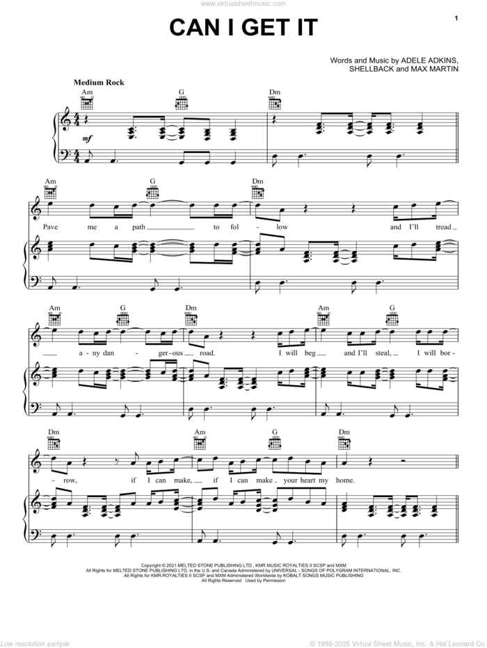 Can I Get It sheet music for voice, piano or guitar by Adele, Adele Adkins, Max Martin and Shellback, intermediate skill level