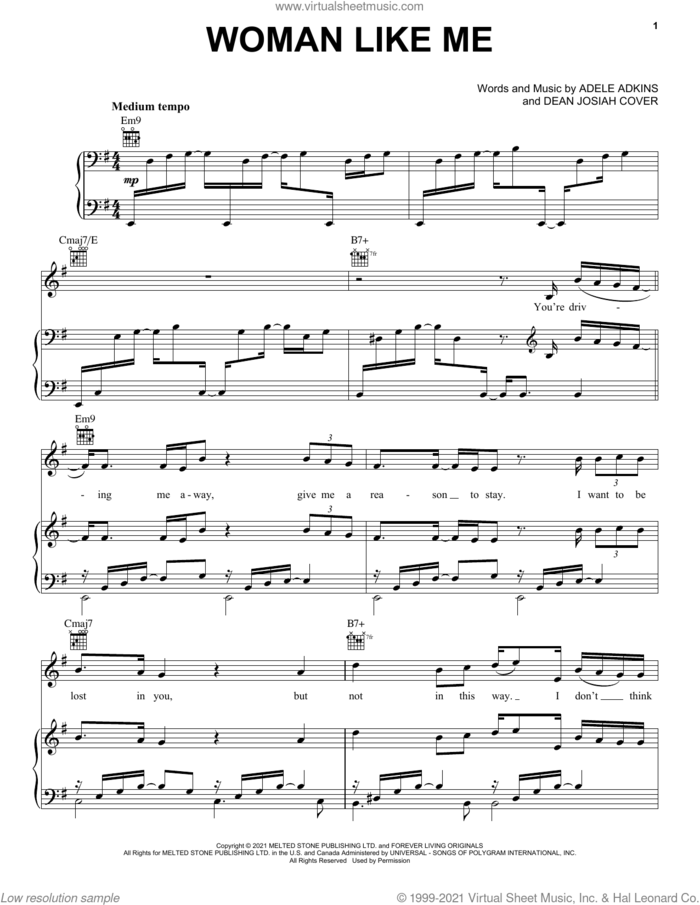 Woman Like Me sheet music for voice, piano or guitar by Adele, Adele Adkins and Dean Josiah Cover, intermediate skill level