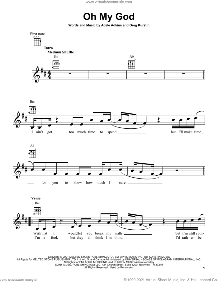 Oh My God sheet music for ukulele by Adele, Adele Adkins and Greg Kurstin, intermediate skill level