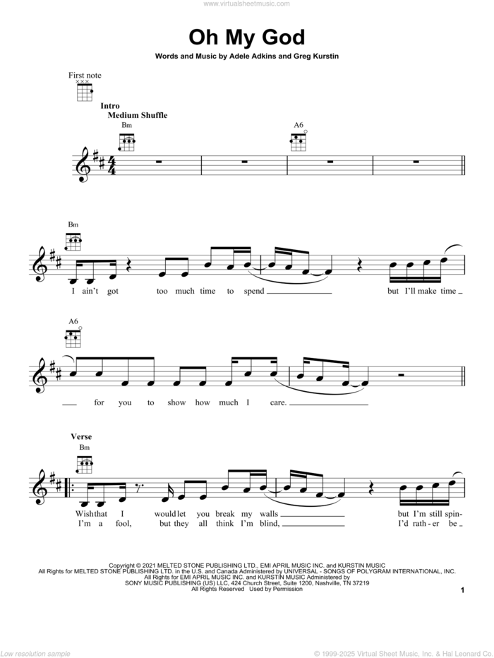 Oh My God sheet music for ukulele by Adele, Adele Adkins and Greg Kurstin, intermediate skill level