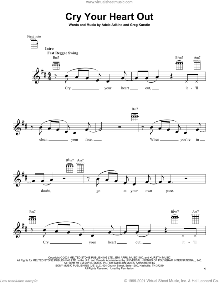 Cry Your Heart Out sheet music for ukulele by Adele, Adele Adkins and Greg Kurstin, intermediate skill level
