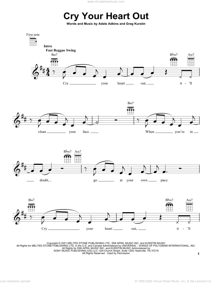 Cry Your Heart Out sheet music for ukulele by Adele, Adele Adkins and Greg Kurstin, intermediate skill level