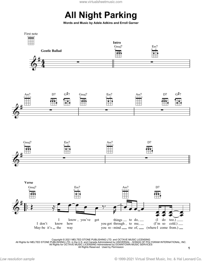 All Night Parking (Interlude) sheet music for ukulele by Adele, Adele Adkins and Erroll Garner, intermediate skill level
