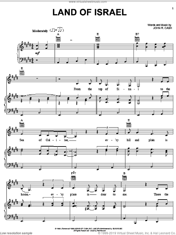Land Of Israel sheet music for voice, piano or guitar by Johnny Cash, intermediate skill level