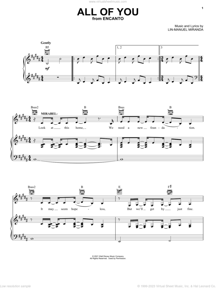 All Of You (from Encanto) sheet music for voice, piano or guitar by Lin-Manuel Miranda, intermediate skill level