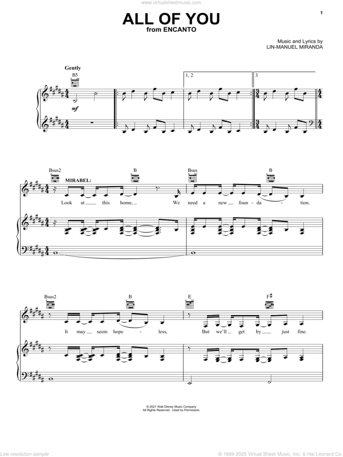 All Of You (from Encanto) sheet music for voice, piano or guitar by Lin-Manuel Miranda, intermediate skill level