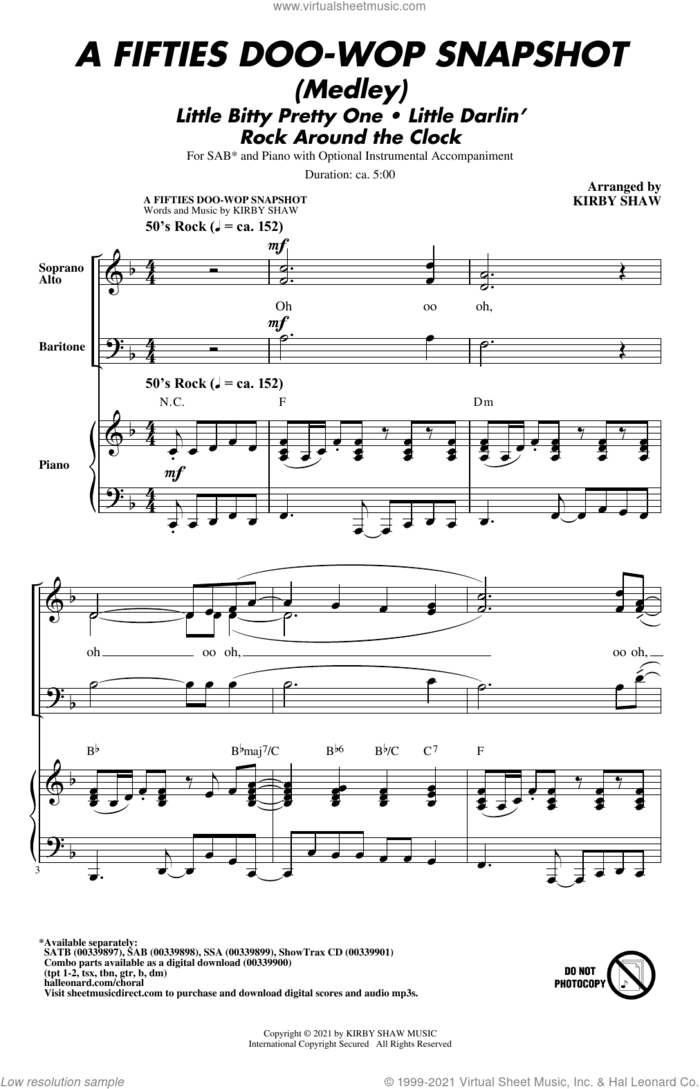 A Fifties Doo-Wop Snapshot (Medley) sheet music for choir (SAB: soprano, alto, bass) by Kirby Shaw, intermediate skill level