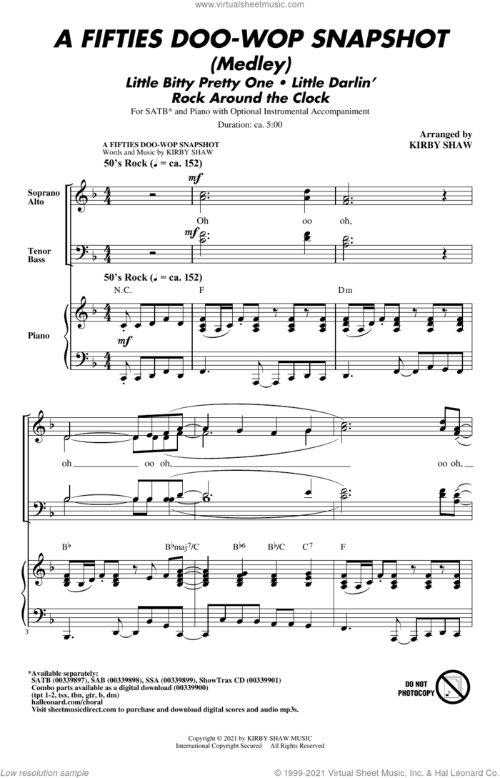 A Fifties Doo-Wop Snapshot (Medley) sheet music for choir (SATB: soprano, alto, tenor, bass) by Kirby Shaw, intermediate skill level