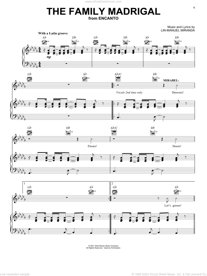 The Family Madrigal (from Encanto) sheet music for voice, piano or guitar by Lin-Manuel Miranda, intermediate skill level