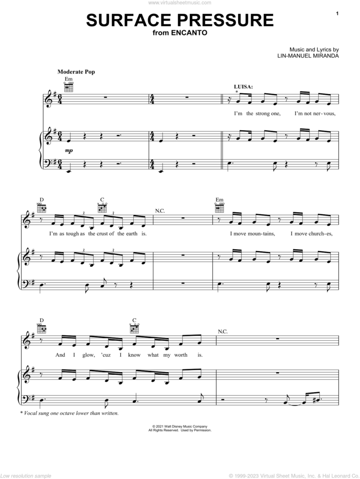 Surface Pressure (from Encanto) sheet music for voice, piano or guitar by Lin-Manuel Miranda, intermediate skill level