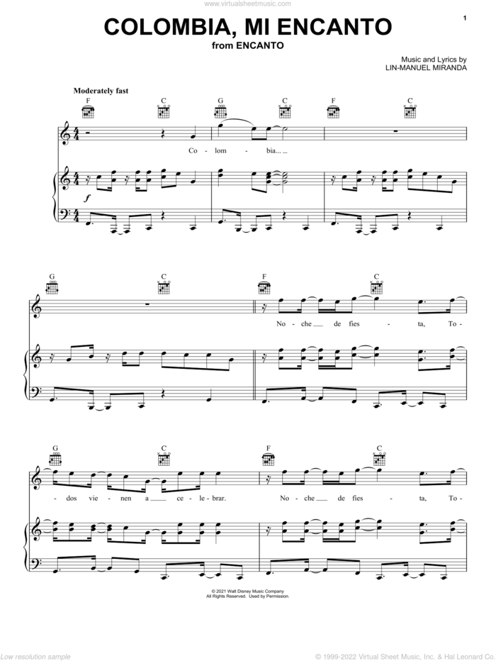 Colombia, Mi Encanto (from Encanto) sheet music for voice, piano or guitar by Lin-Manuel Miranda, intermediate skill level