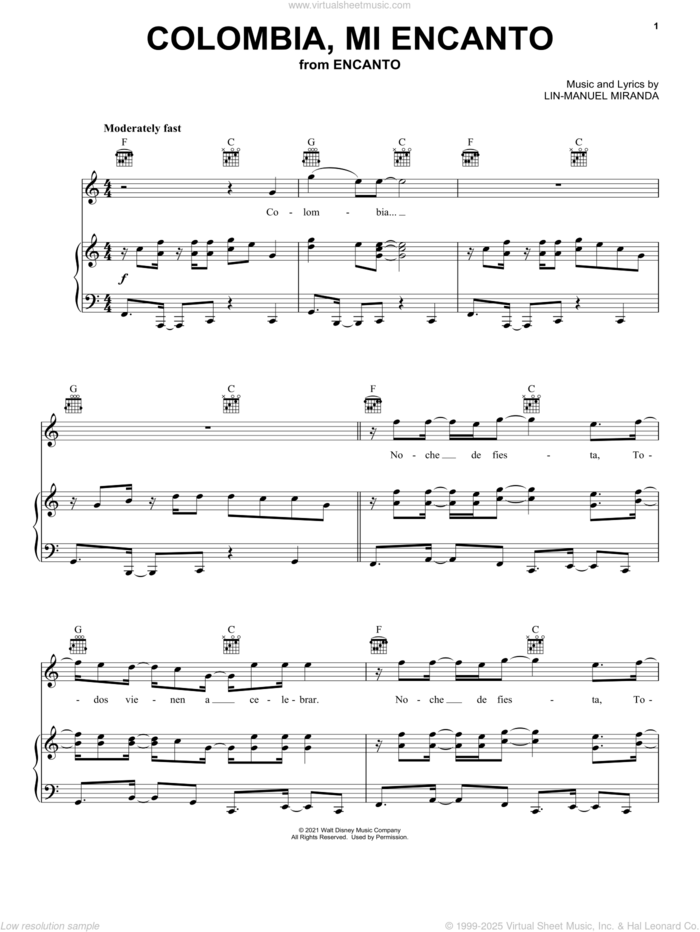 Colombia, Mi Encanto (from Encanto) sheet music for voice, piano or guitar by Lin-Manuel Miranda, intermediate skill level