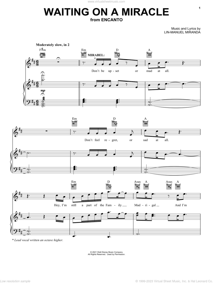 Waiting On A Miracle (from Encanto) sheet music for voice, piano or guitar by Lin-Manuel Miranda, intermediate skill level