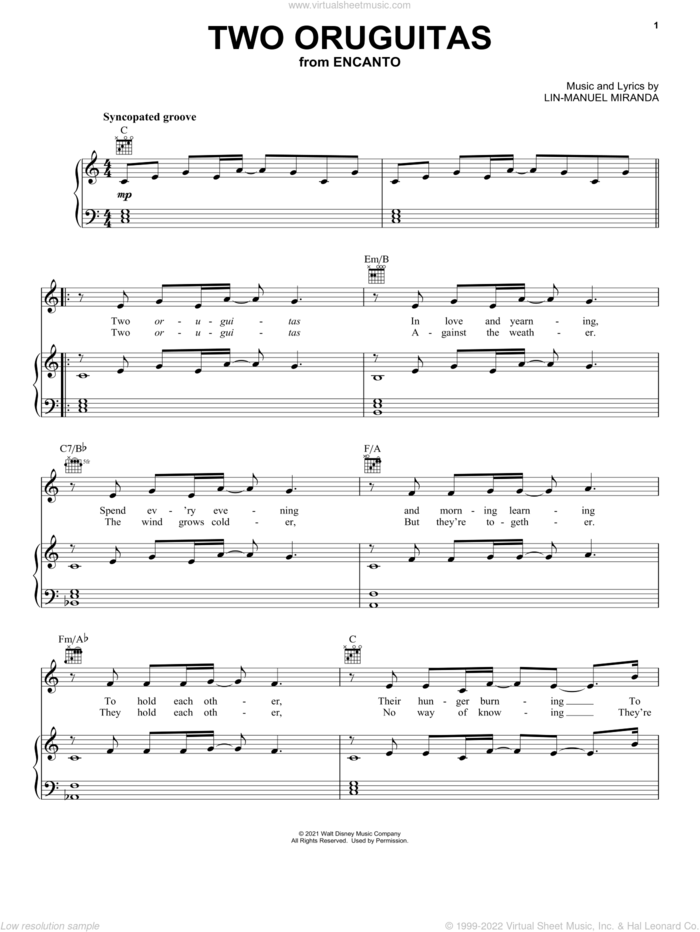 Two Oruguitas (from Encanto) sheet music for voice, piano or guitar by Lin-Manuel Miranda, intermediate skill level