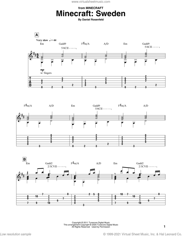 Sweden (from Minecraft) sheet music for guitar solo by C418 and Daniel Rosenfeld, intermediate skill level