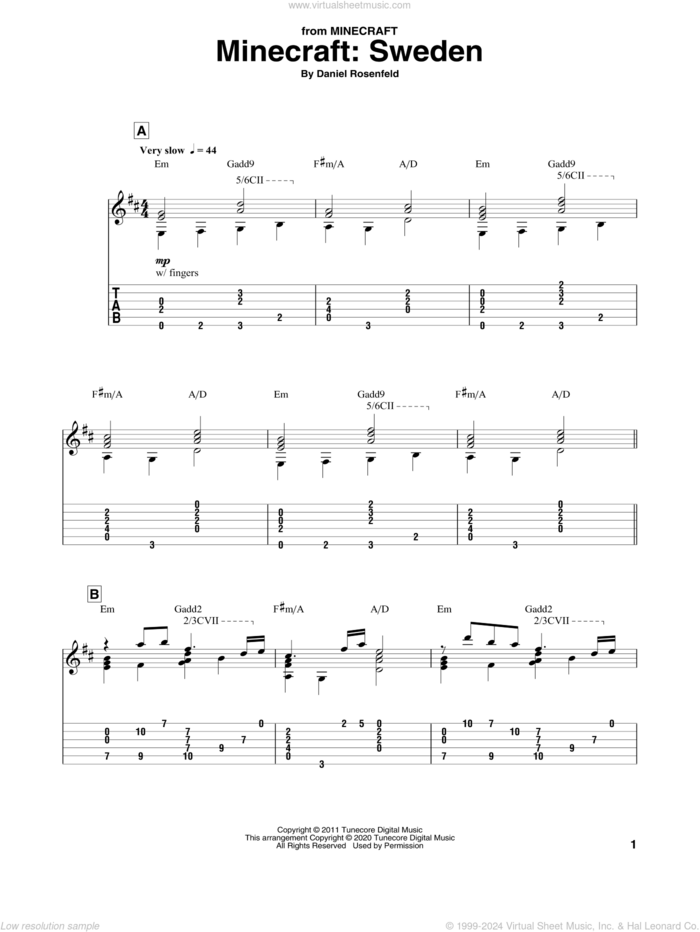 Sweden (from Minecraft) sheet music for guitar solo by C418 and Daniel Rosenfeld, intermediate skill level