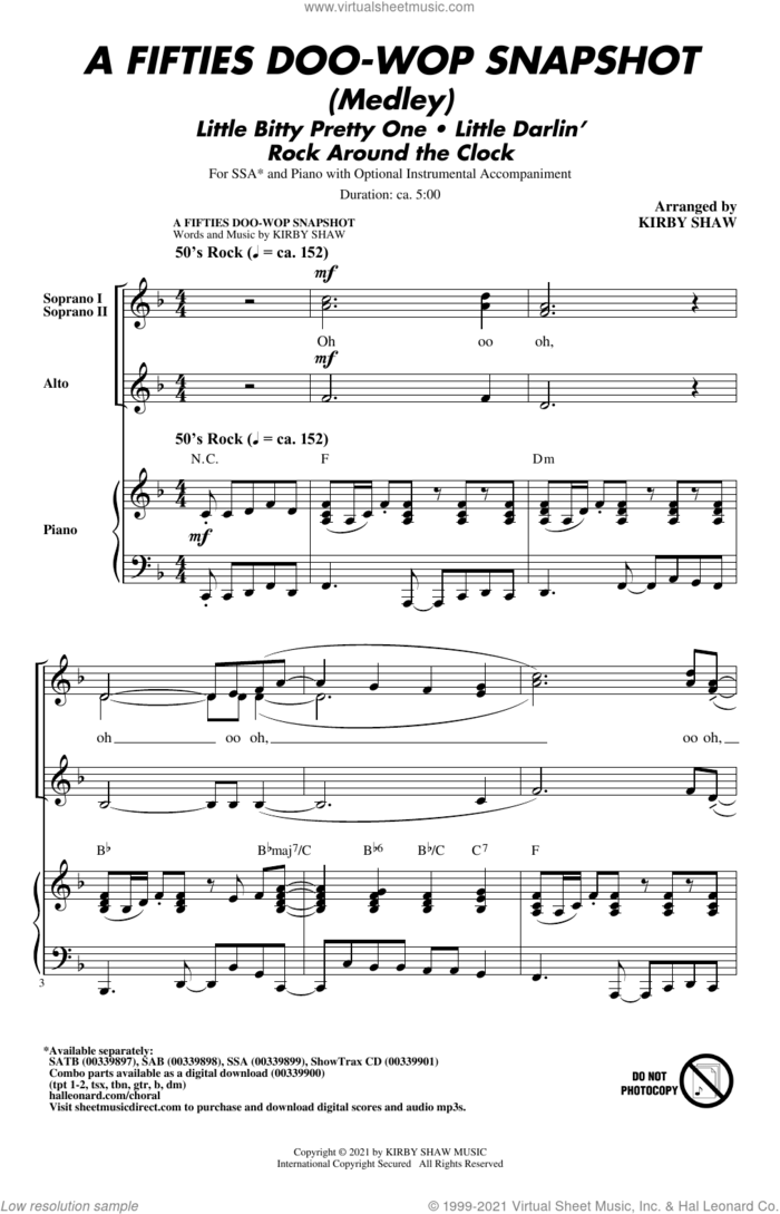 A Fifties Doo-Wop Snapshot (Medley) sheet music for choir (SSA: soprano, alto) by Kirby Shaw, intermediate skill level