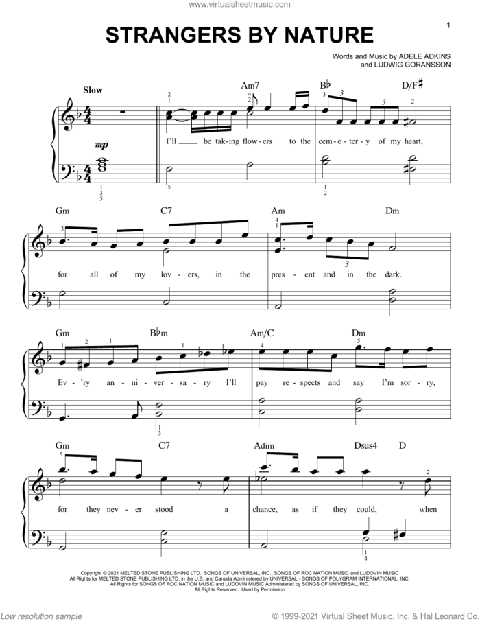 Strangers By Nature sheet music for piano solo by Adele, Adele Adkins and Ludwig Goransson, easy skill level