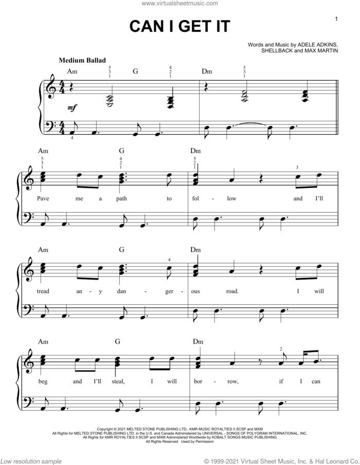 Can I Get It, (easy) sheet music for piano solo by Adele, Adele Adkins, Max Martin and Shellback, easy skill level