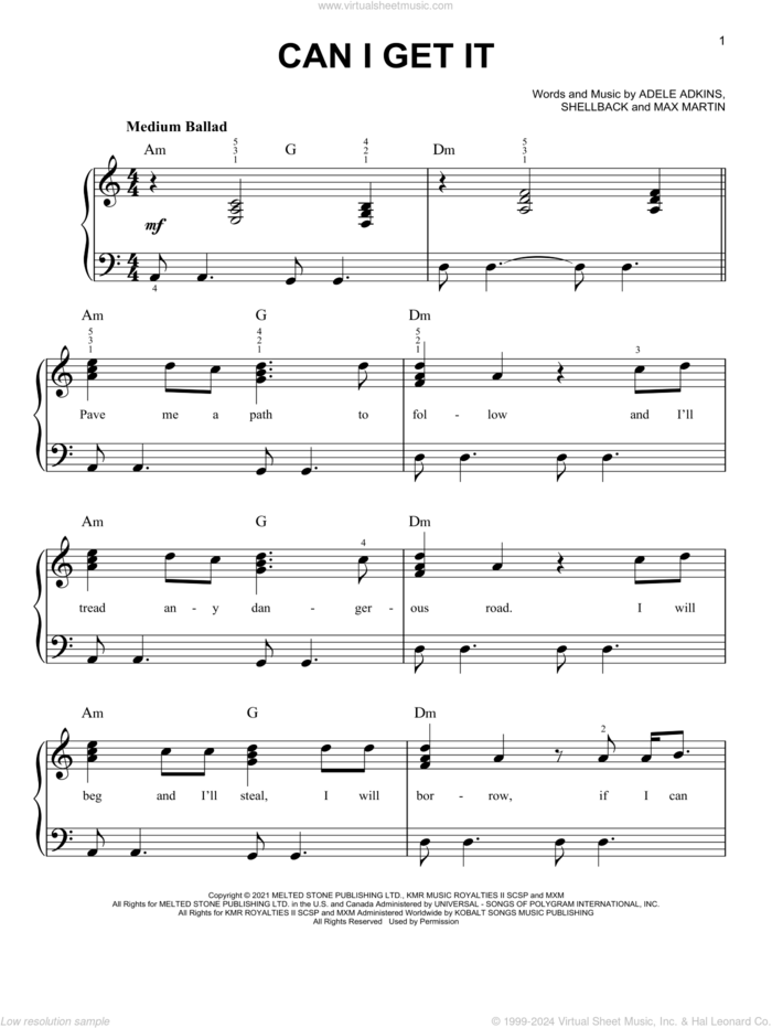 Can I Get It, (easy) sheet music for piano solo by Adele, Adele Adkins, Max Martin and Shellback, easy skill level