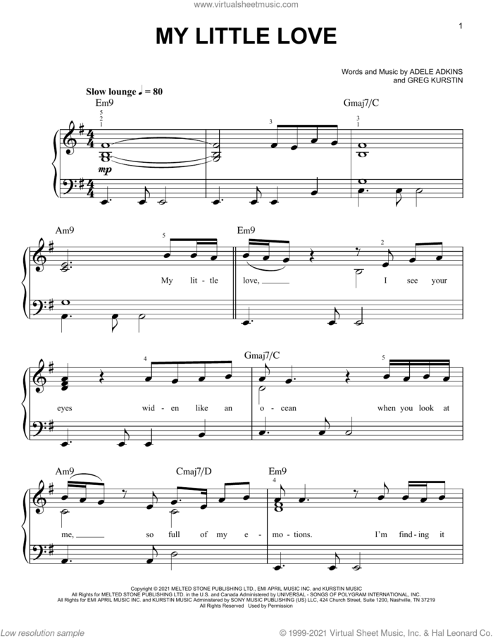 My Little Love sheet music for piano solo by Adele, Adele Adkins and Greg Kurstin, easy skill level
