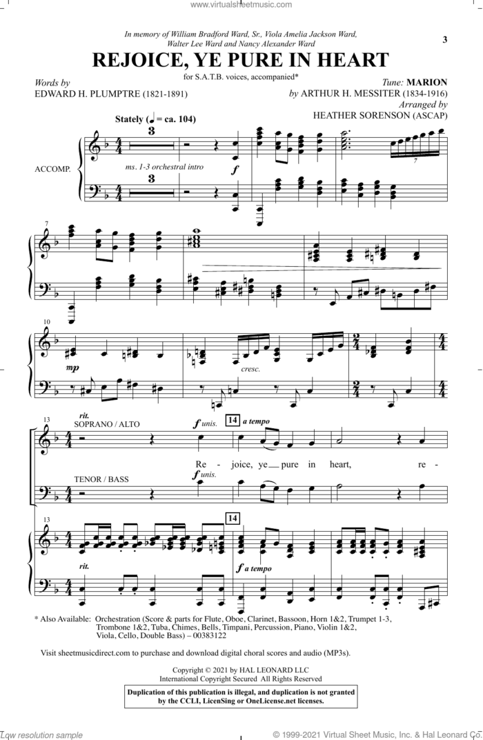 Rejoice, Ye Pure In Heart (arr. Heather Sorenson) sheet music for choir (SATB: soprano, alto, tenor, bass) by Edward H. Plumptre, Heather Sorenson and Tune: MARION, intermediate skill level