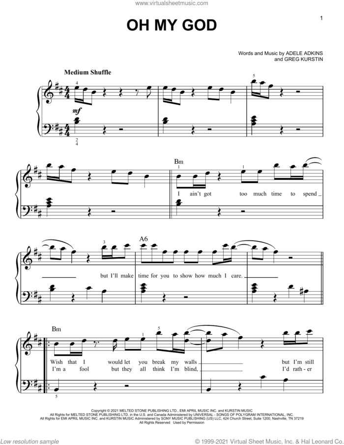 Oh My God sheet music for piano solo by Adele, Adele Adkins and Greg Kurstin, easy skill level