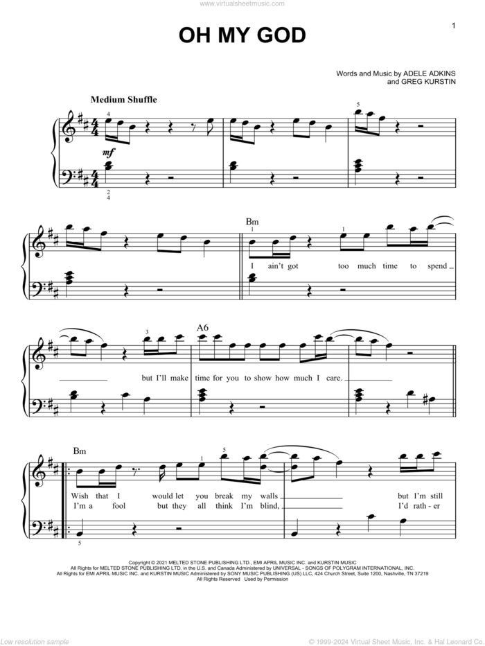 Oh My God, (easy) sheet music for piano solo by Adele, Adele Adkins and Greg Kurstin, easy skill level