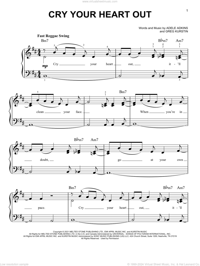 Cry Your Heart Out, (easy) sheet music for piano solo by Adele, Adele Adkins and Greg Kurstin, easy skill level