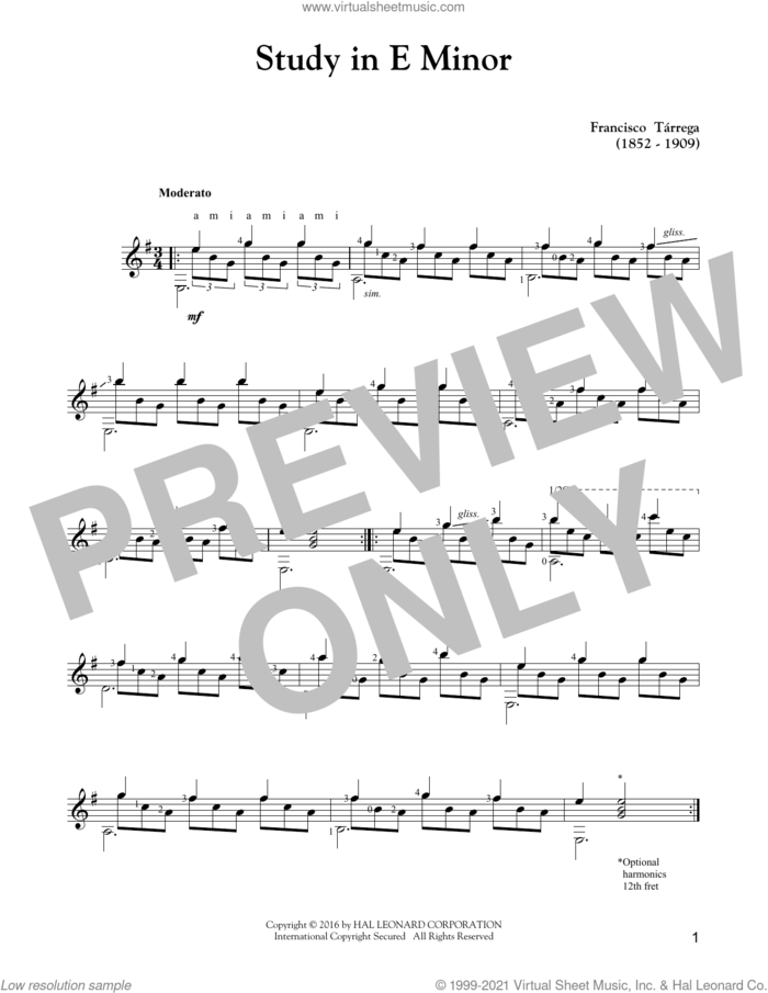 Study In E Minor sheet music for guitar solo by Francisco Tarrega, classical score, intermediate skill level