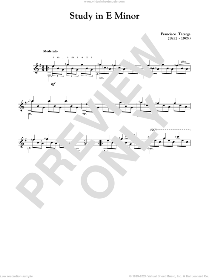 Study In E Minor sheet music for guitar solo by Francisco Tarrega, classical score, intermediate skill level