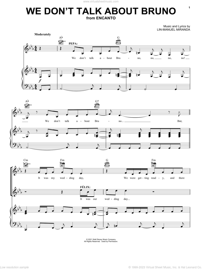 We Don't Talk About Bruno (from Encanto) sheet music for voice, piano or guitar by Lin-Manuel Miranda, intermediate skill level