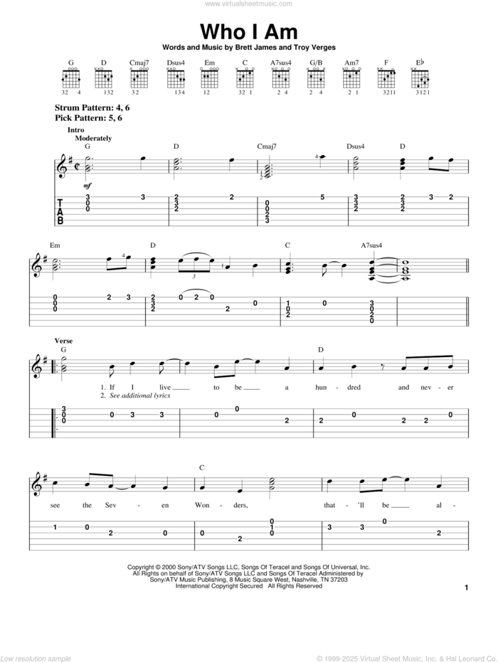 Who I Am sheet music for guitar solo (easy tablature) by Jessica Andrews, Brett James and Troy Verges, easy guitar (easy tablature)