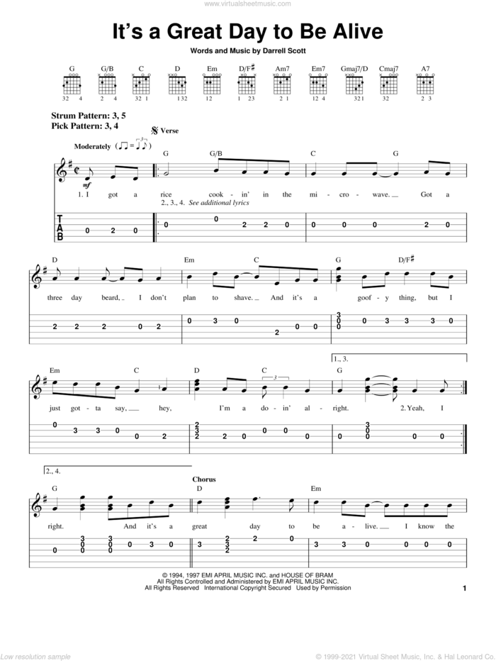 It's A Great Day To Be Alive sheet music for guitar solo (easy tablature) by Travis Tritt and Darrell Scott, easy guitar (easy tablature)