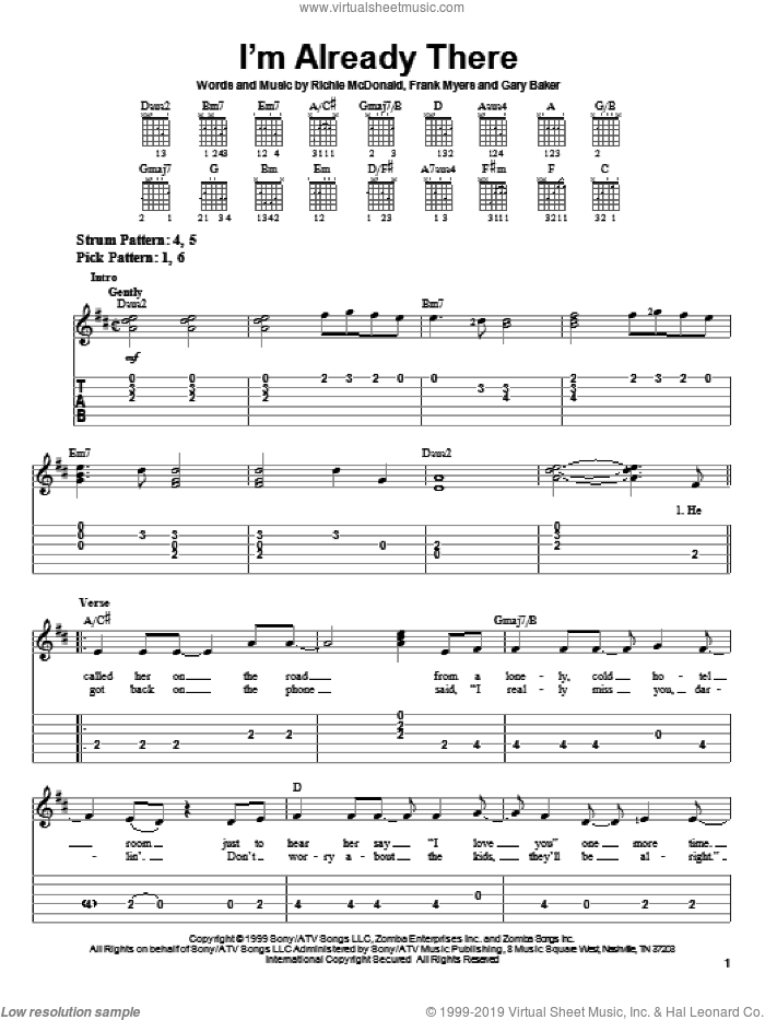 I'm Already There sheet music for guitar solo (easy tablature) by Lonestar, Frank Myers, Gary Baker and Richie McDonald, easy guitar (easy tablature)