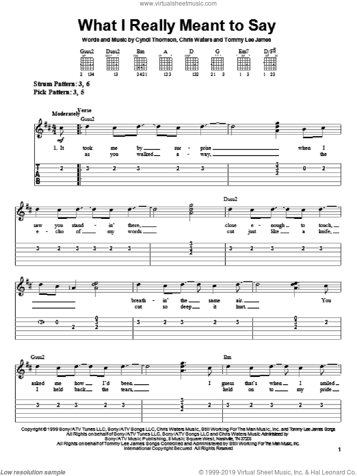 What I Really Meant To Say sheet music for guitar solo (easy tablature) by Cyndi Thomson, Chris Waters and Tommy Lee James, easy guitar (easy tablature)