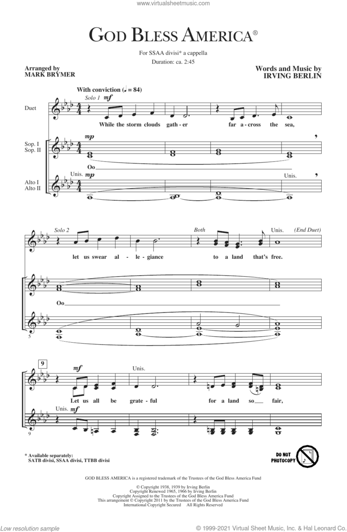 God Bless America (arr. Mark Brymer) sheet music for choir (SSA: soprano, alto) by Irving Berlin and Mark Brymer, intermediate skill level