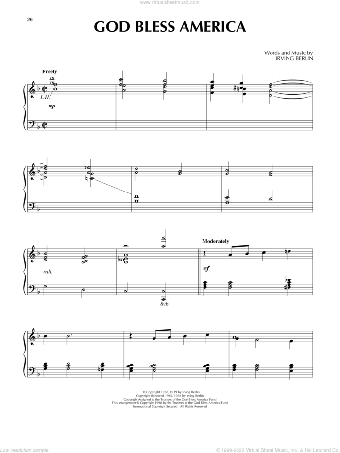 God Bless America, (intermediate) sheet music for piano solo by Irving Berlin, intermediate skill level