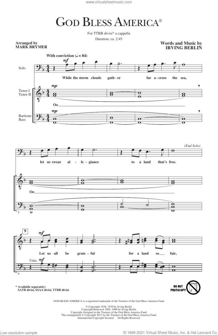 God Bless America (arr. Mark Brymer) sheet music for choir (TTBB: tenor, bass) by Irving Berlin and Mark Brymer, intermediate skill level