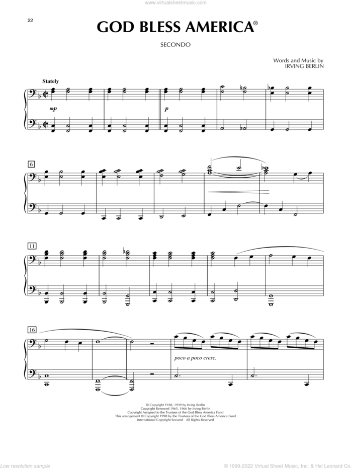 God Bless America sheet music for piano four hands by Irving Berlin, intermediate skill level