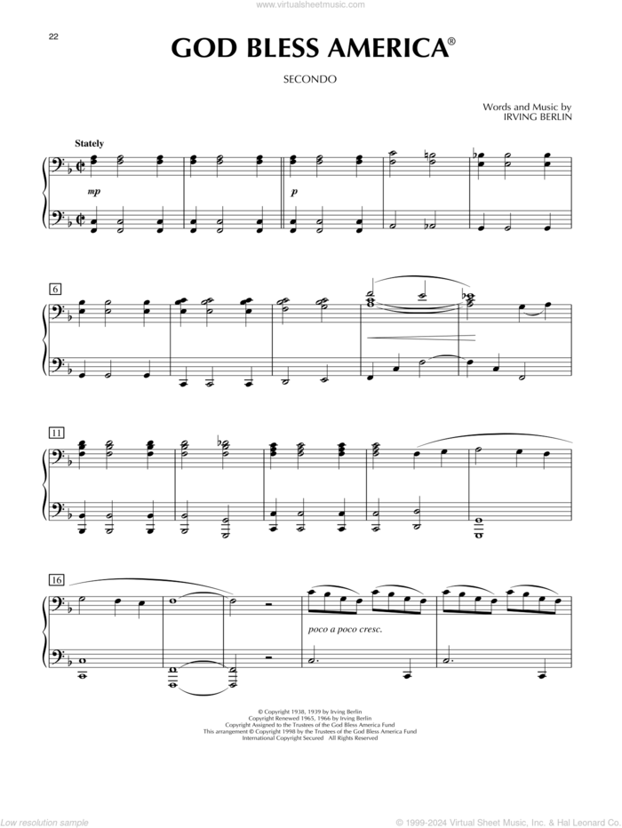 God Bless America sheet music for piano four hands by Irving Berlin, intermediate skill level