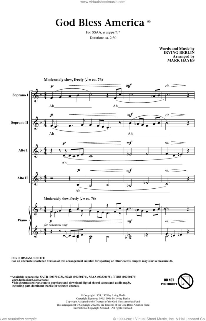 God Bless America (arr. Mark Hayes) sheet music for choir (SSAA: soprano, alto) by Irving Berlin and Mark Hayes, intermediate skill level