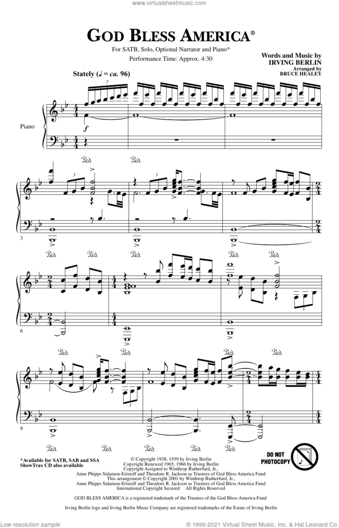 God Bless America (arr. Bruce Healey) sheet music for choir (SATB: soprano, alto, tenor, bass) by Irving Berlin and Bruce Healey, intermediate skill level