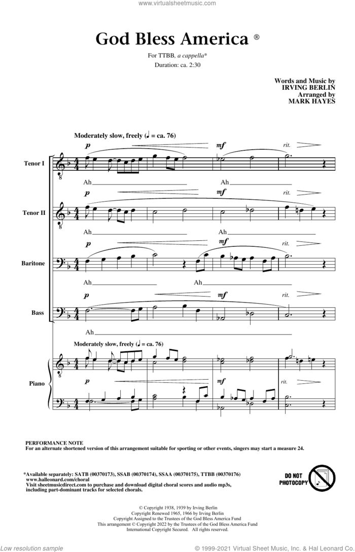 God Bless America (arr. Mark Hayes) sheet music for choir (TTBB: tenor, bass) by Irving Berlin and Mark Hayes, intermediate skill level