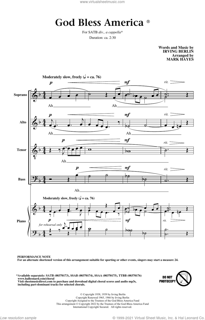 God Bless America (arr. Mark Hayes) sheet music for choir (SATB: soprano, alto, tenor, bass) by Irving Berlin and Mark Hayes, intermediate skill level