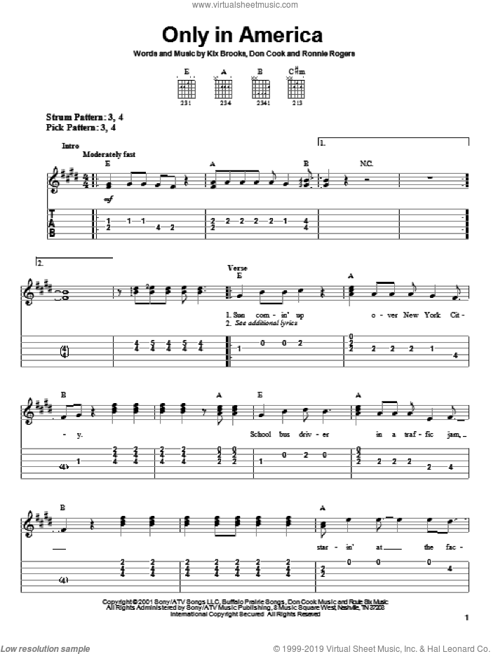 Only In America sheet music for guitar solo (easy tablature) by Brooks & Dunn, Don Cook, Kix Brooks and Ronnie Rogers, easy guitar (easy tablature)