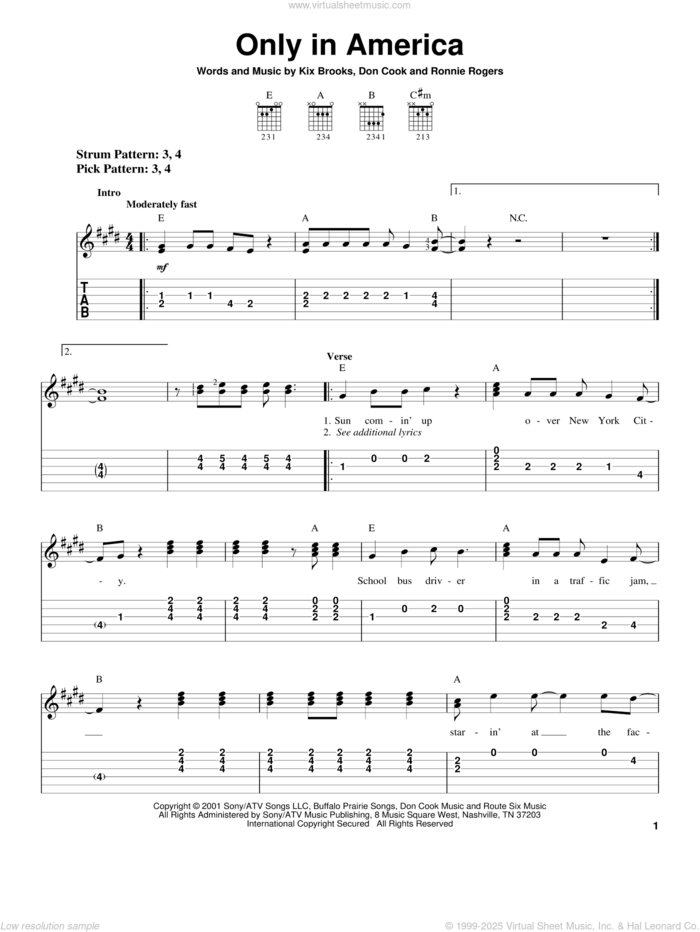 Only In America sheet music for guitar solo (easy tablature) by Brooks & Dunn, Don Cook, Kix Brooks and Ronnie Rogers, easy guitar (easy tablature)