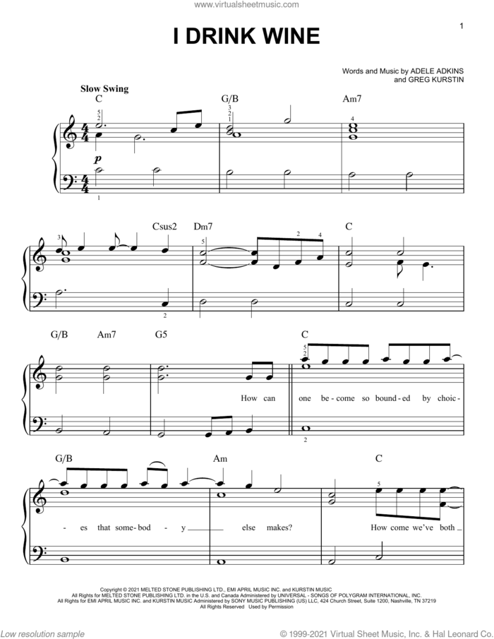 I Drink Wine sheet music for piano solo by Adele, Adele Adkins and Greg Kurstin, easy skill level