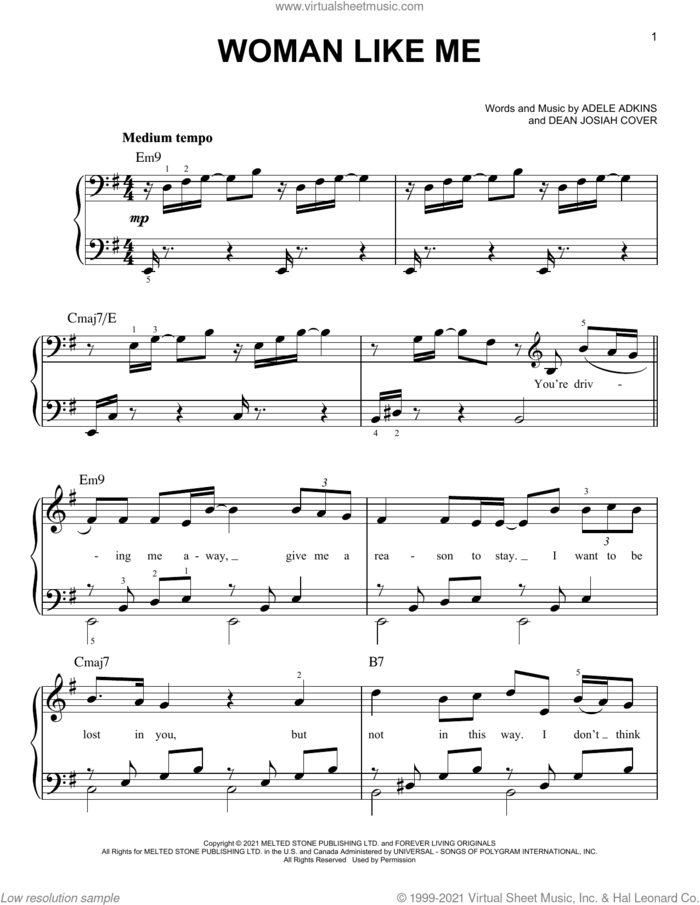Woman Like Me sheet music for piano solo by Adele, Adele Adkins and Dean Josiah Cover, easy skill level