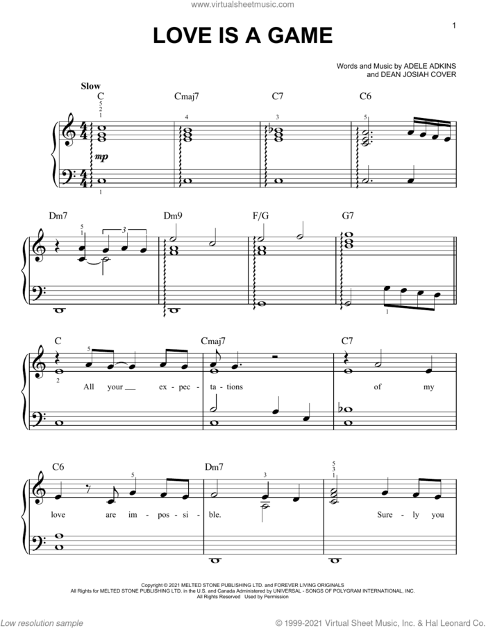 Love Is A Game sheet music for piano solo by Adele, Adele Adkins and Dean Josiah Cover, easy skill level